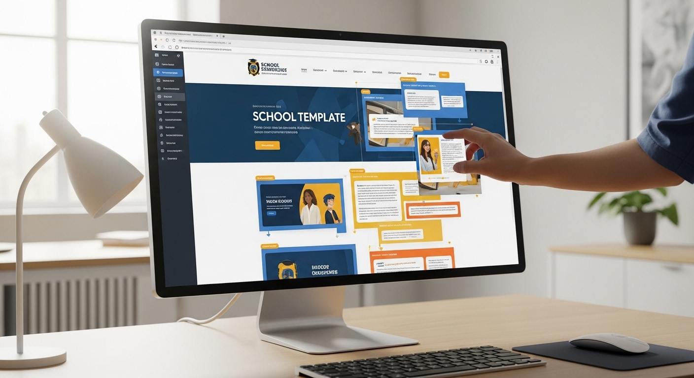 Woman using laptop with website builder interface