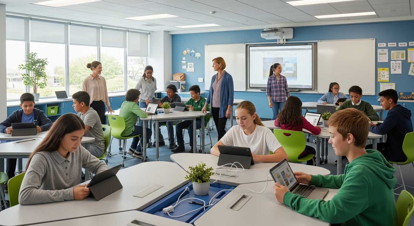 Modern classroom with students using technology
